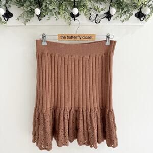 Free People Women’s Flounced Pointelle Sweater Skirt Size Medium Cocoa Brown